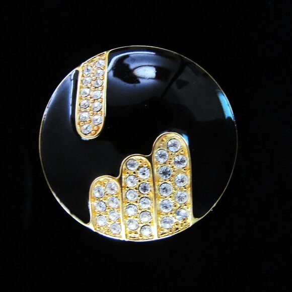 Vintage MONET round black enamel brooch with rhinestones - Art Deco Revival - Picture 2 of 5